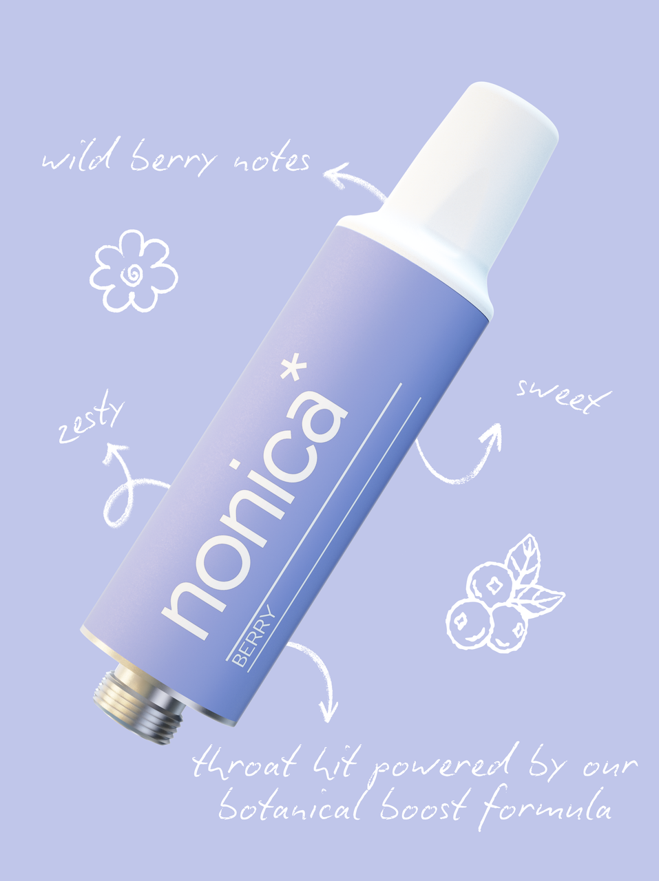 Berry flavour boost pod for Nonica, in purple colour on lilac background with text