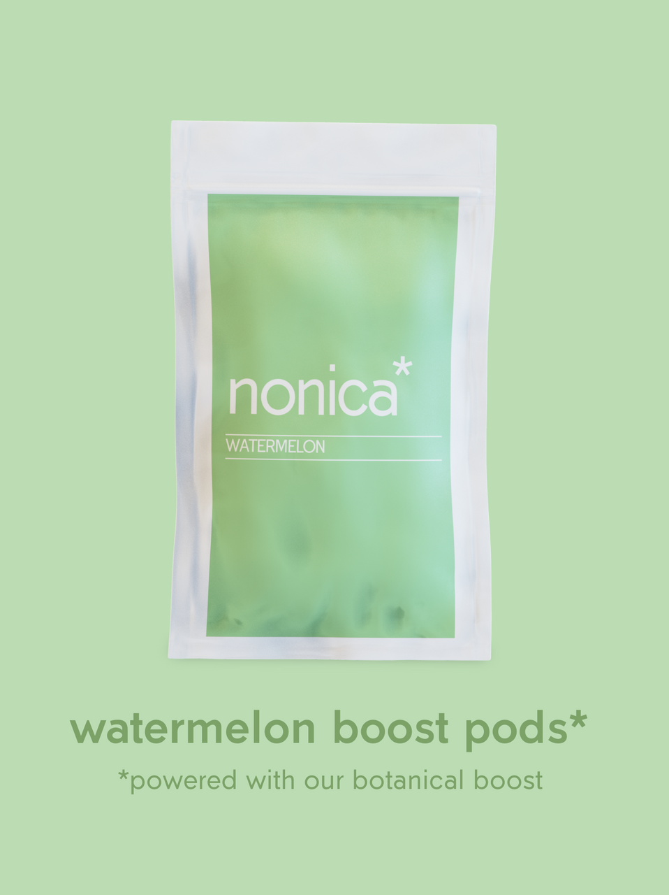 Watermelon flavoured boost pods packaging in pastel green colour