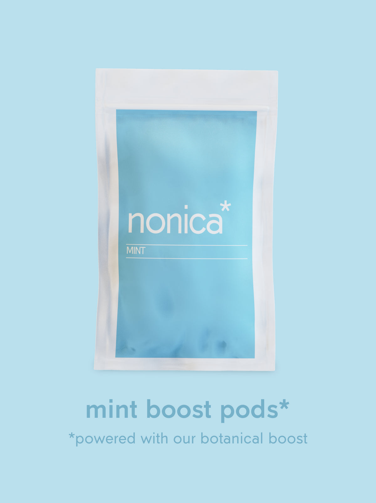 Mint flavoured boost pods packaging for Nonica, pastel blue colour