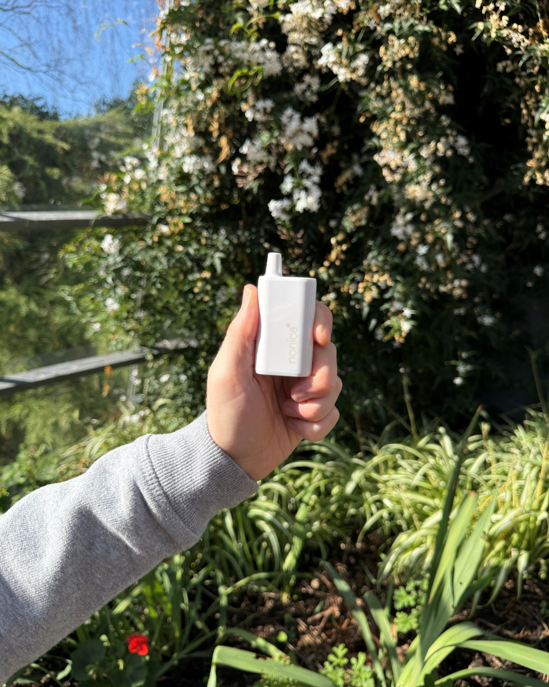 An arm holding the Nonica device in the countryside